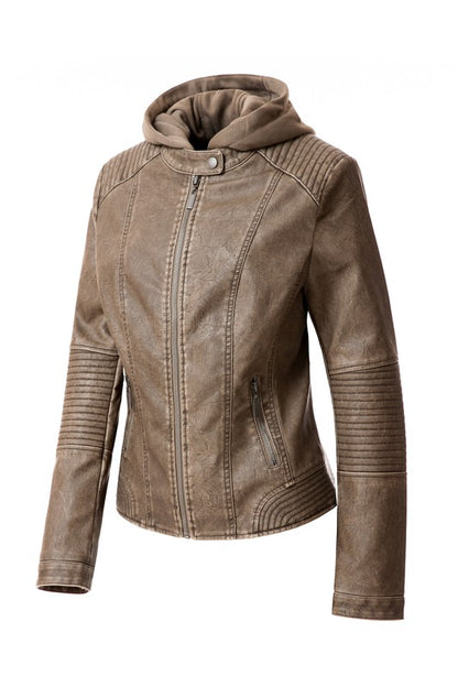 Stylish women's faux leather hoodie jacket