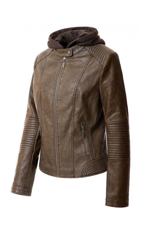 Faux leather hoodie jacket for women