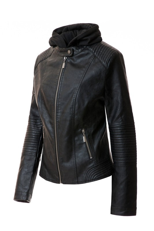 Stylish women's faux leather hoodie jacket