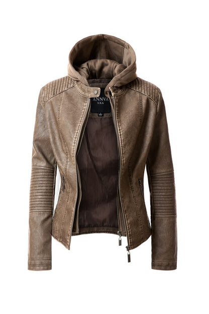 Stylish women's faux leather hoodie jacket