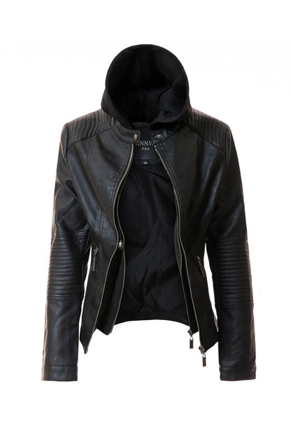 Faux leather hoodie jacket for women