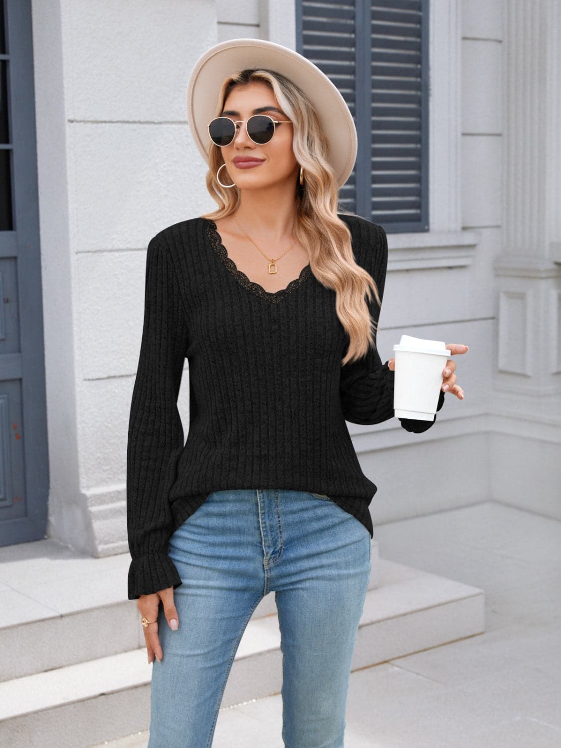 Lace v-neck long sleeve top