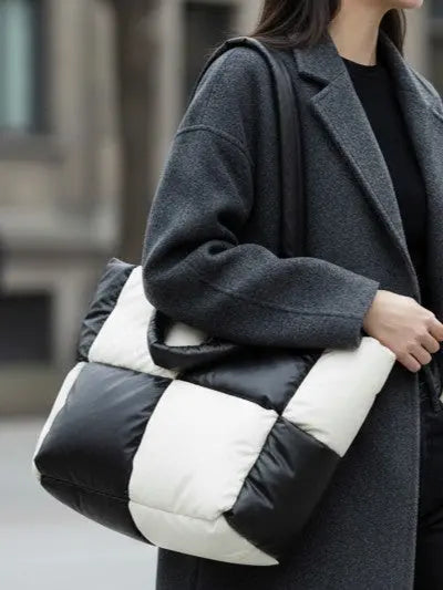 Puffer Handbag With Three Dimensional Patchwork Block Design And Padded Handles Miss Sparkling