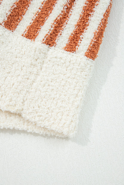 Orange Stripe Cowl Neck Drop Shoulder Sweater For Women