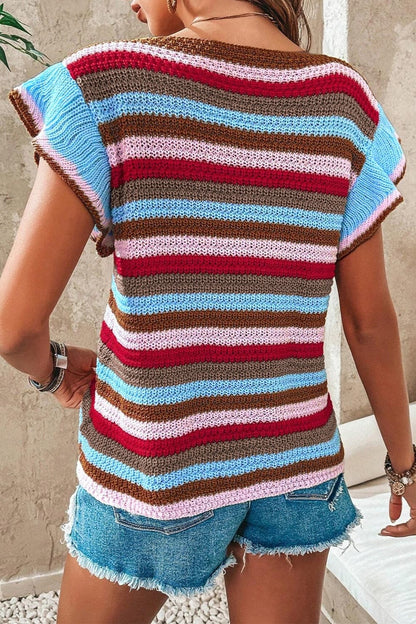 Ruffled Striped V-Neck Cap Sleeve Knit Top.