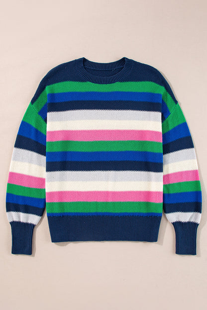 Vibrant Green Striped Drop Shoulder Crew Neck Sweater