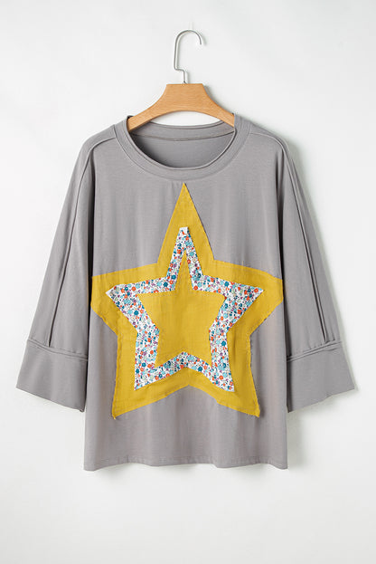 Chic medium grey floral star patch top with 3/4 sleeves in plus sizes