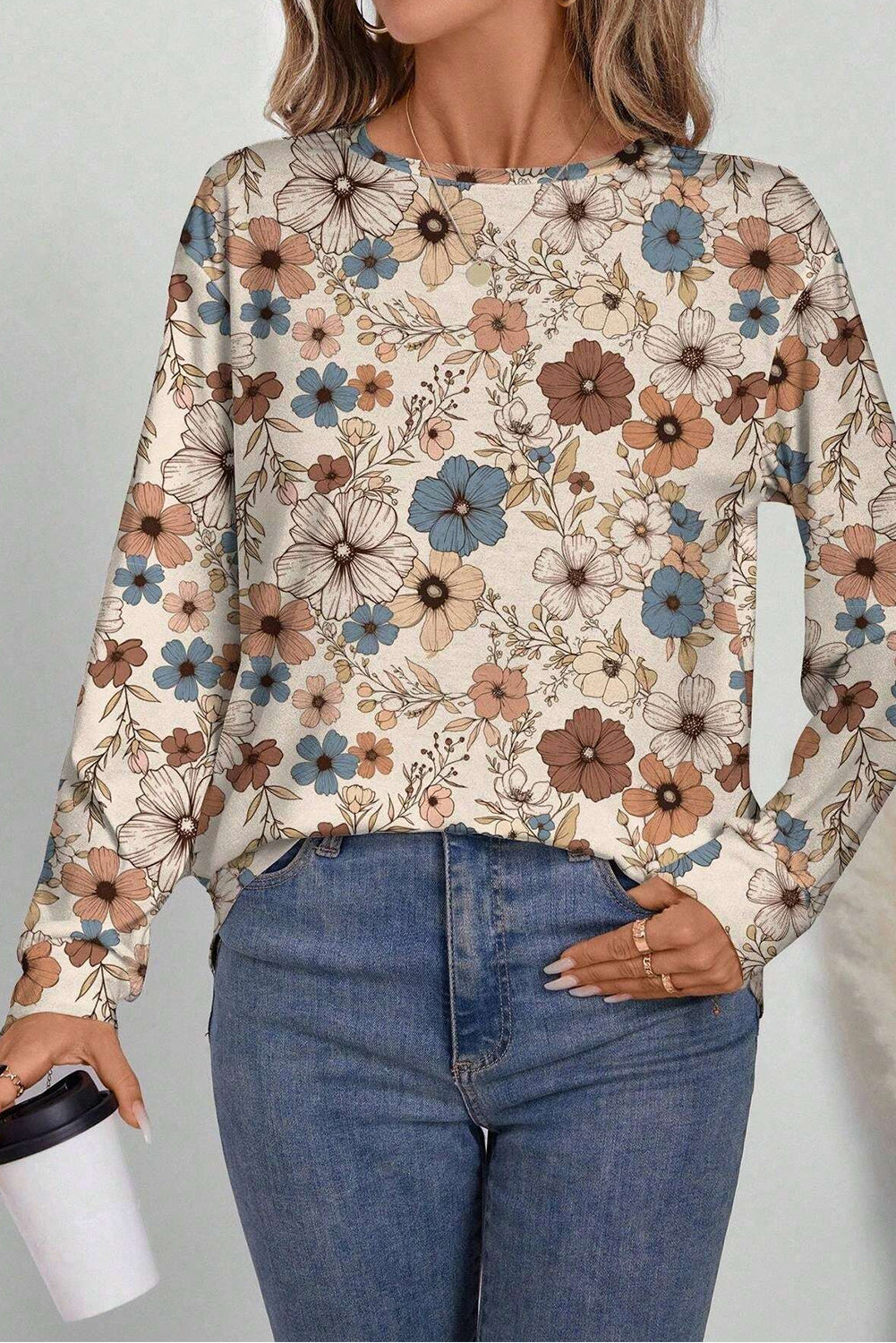 Khaki Floral Print Loose Crew Neck Long Sleeve T Shirt Fashion