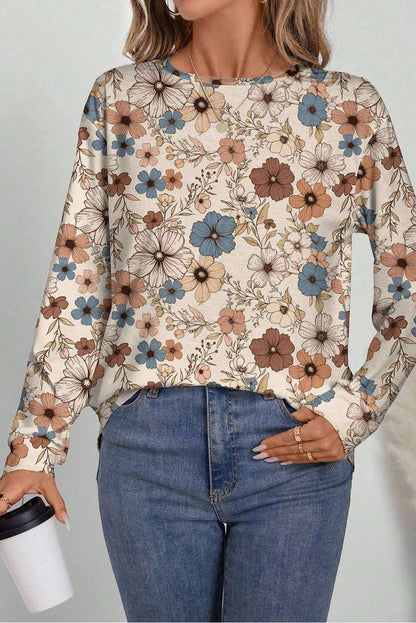 Khaki Floral Print Loose Crew Neck Long Sleeve T Shirt Fashion