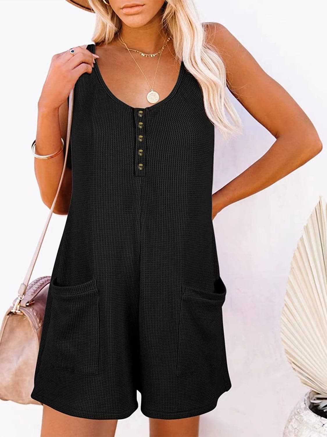 Full Size Pocketed Scoop Neck Sleeveless Romper.