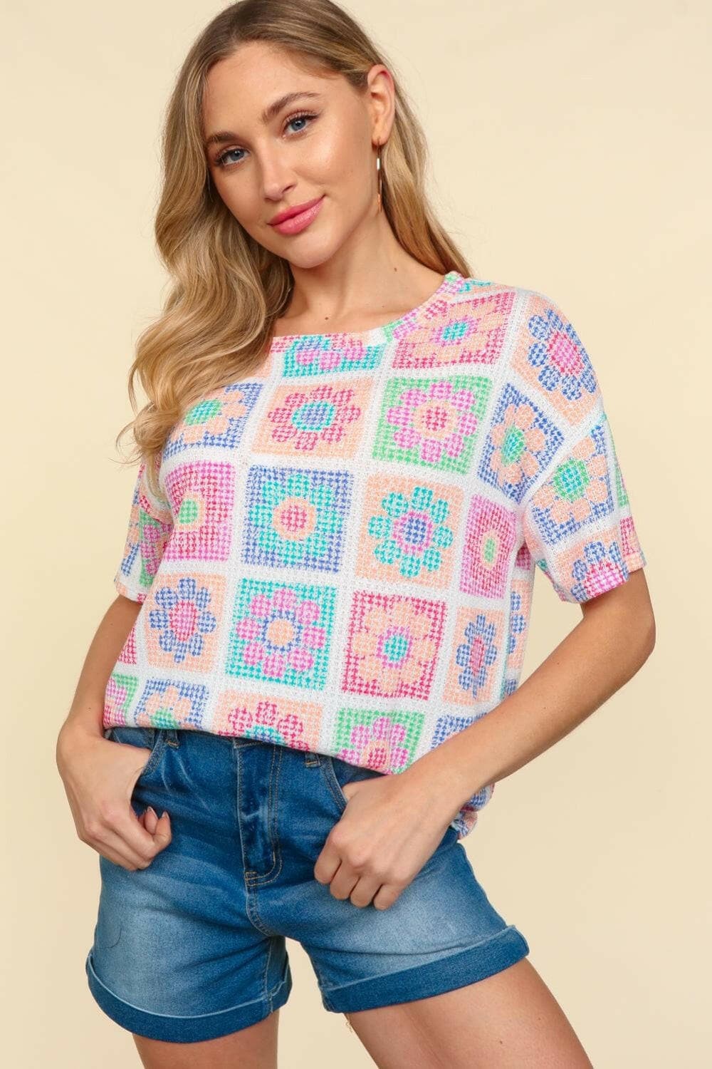 Haptics Flower Print Round Neck Short Sleeve T-Shirt.