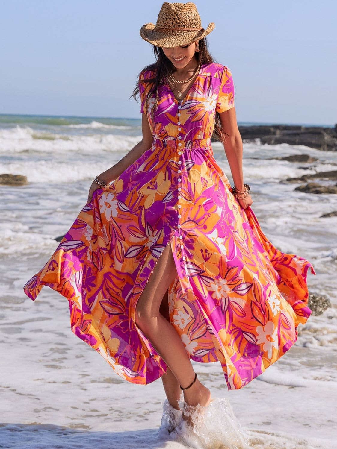 Printed V-Neck Short Sleeve Midi Dress.