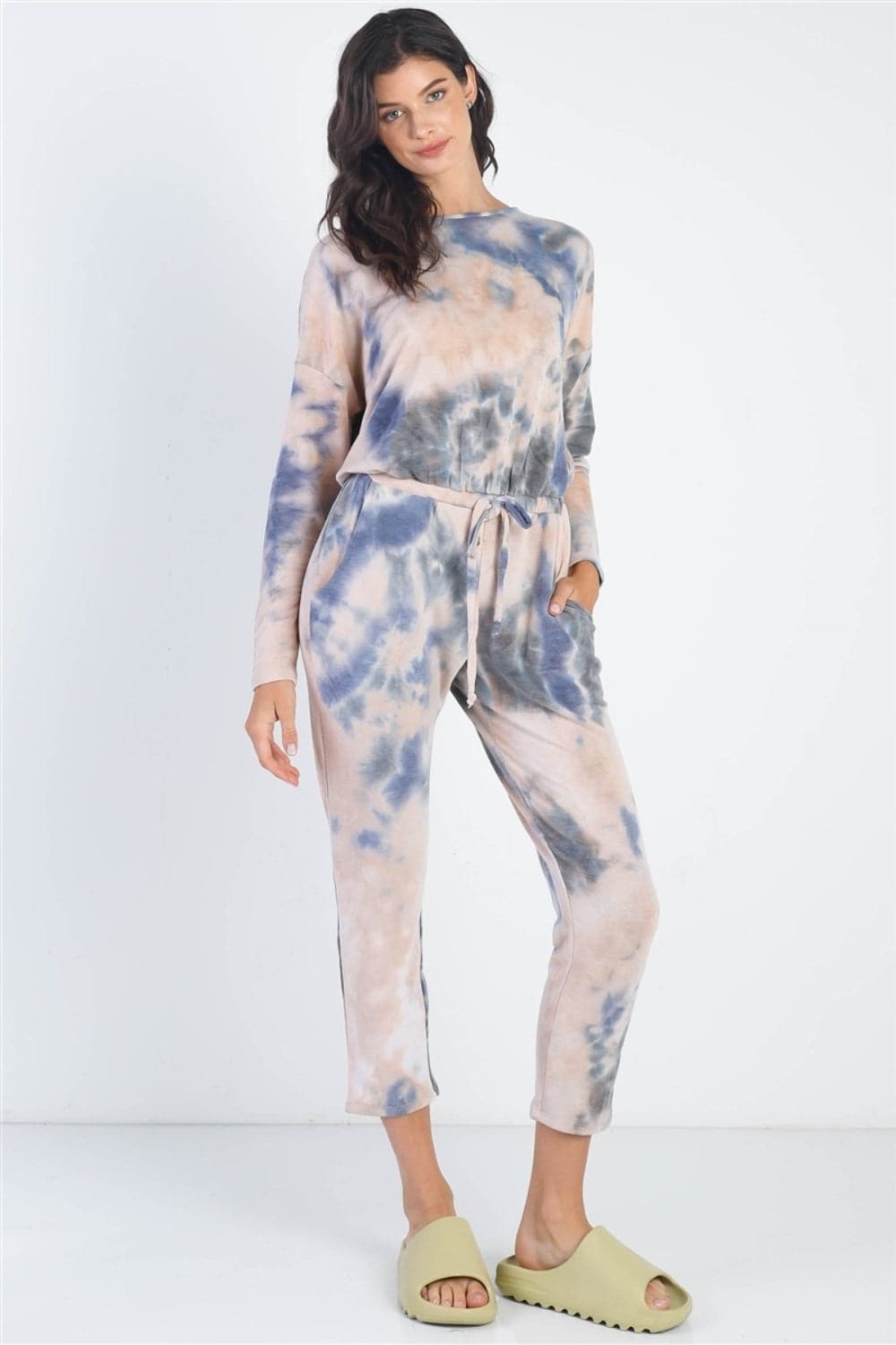 Cherish Apparel Tie-Dye Round Neck Long Sleeve Jumpsuit.