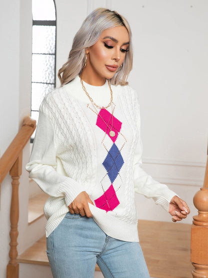 Openwork Geometric Mock Neck Sweater.