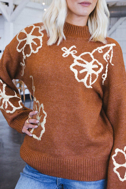 Flower Round Neck Dropped Shoulder Sweater.