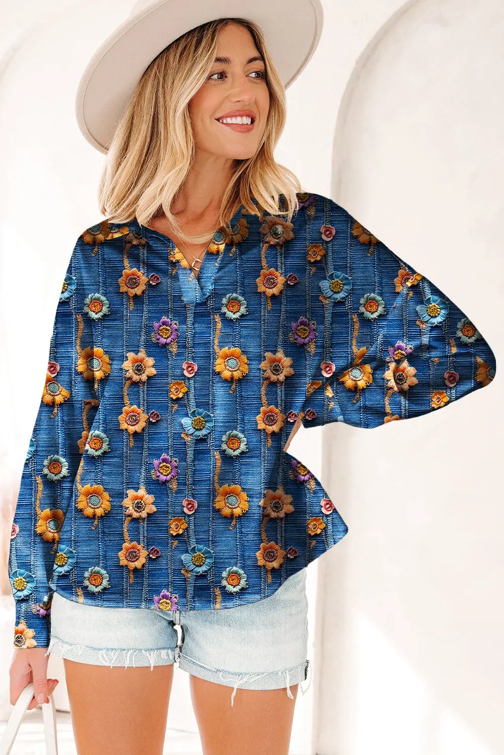 Premium Blue Floral Collared V Neck Roll Up Sleeve Blouse Dear-Lover Dropshipping