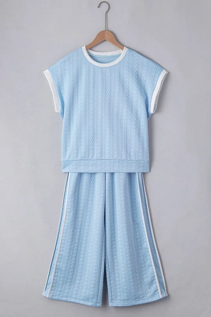 Textured Contrast Edge Top and High Waist Pants Set