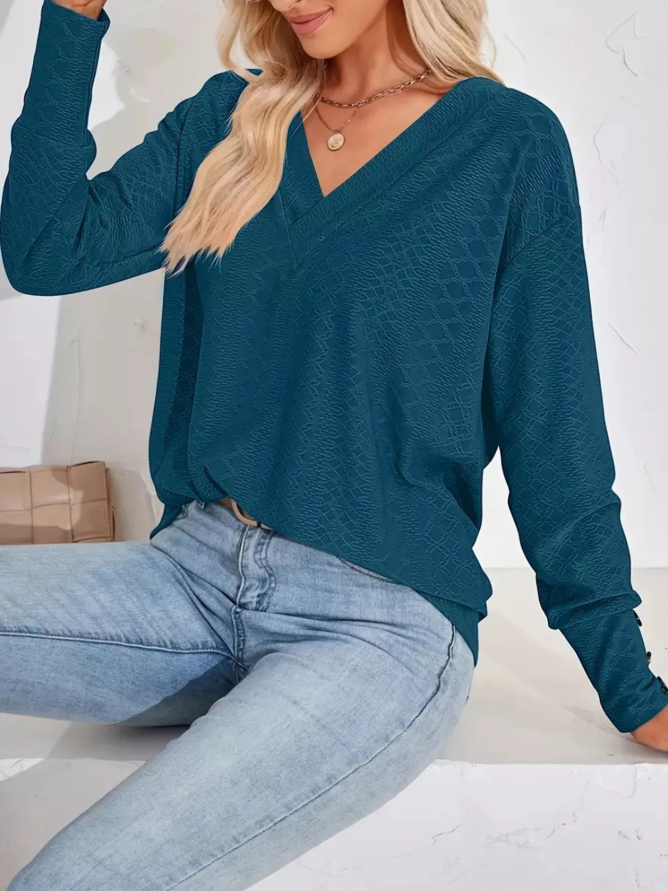 Plus Size V-Neck Textured Long Sleeve T-Shirt Simply Love