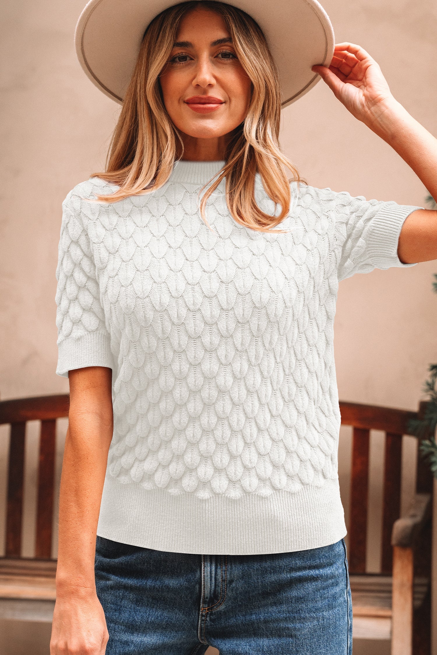 Dear-Lover White Knit Sweater Women's Daily Top Ribbed Short Sleeve High Neck Modern Dear-Lover Dropshipping