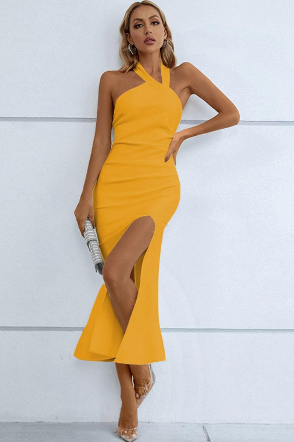 Halter Neck Split Fishtail Bodycon Dress.