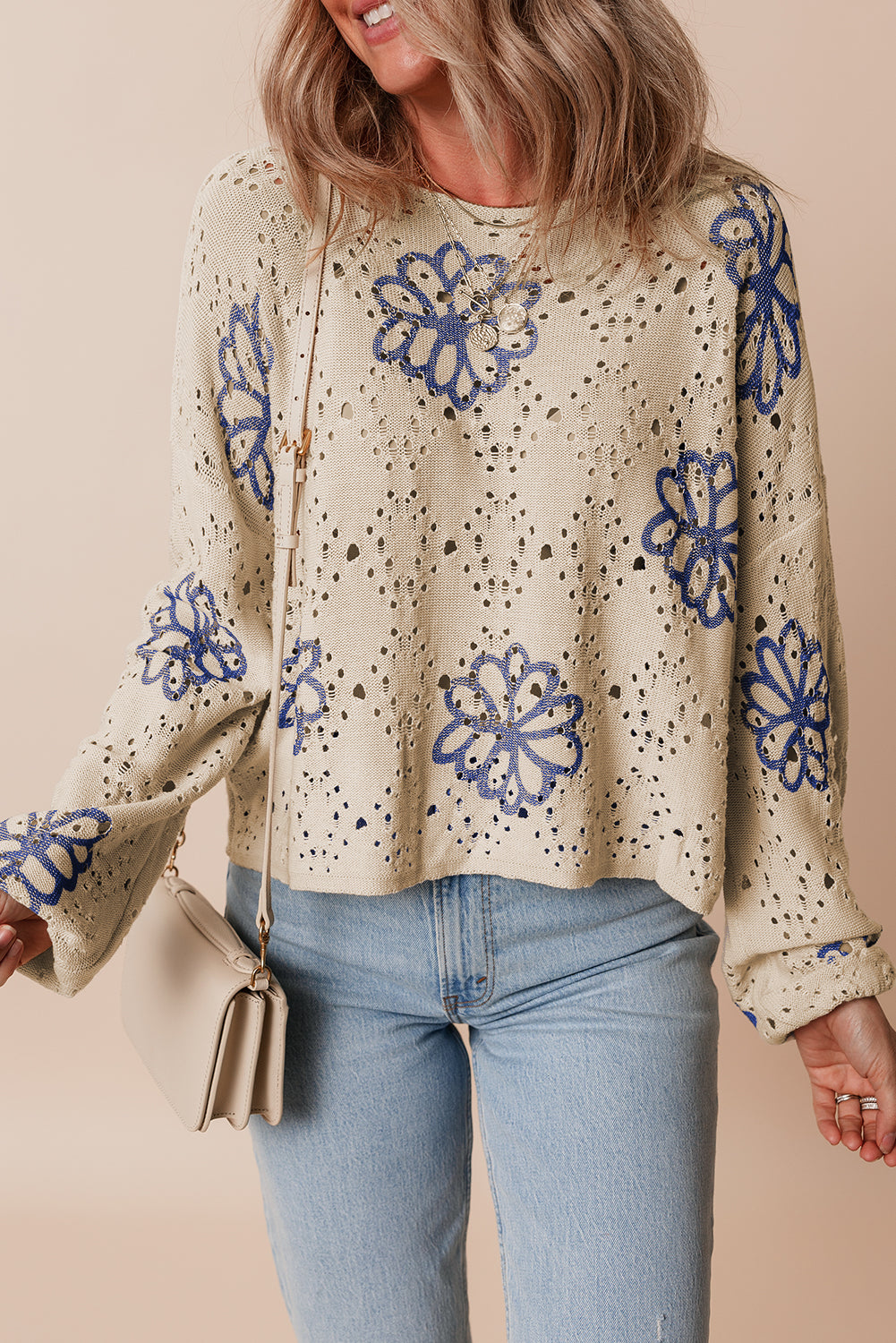 Beige floral eyelet drop shoulder sweater with contrast print