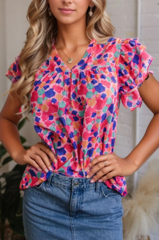 Abstract Print Ruffled Sleeve Notched Blouse - Main product image by Simply Love
