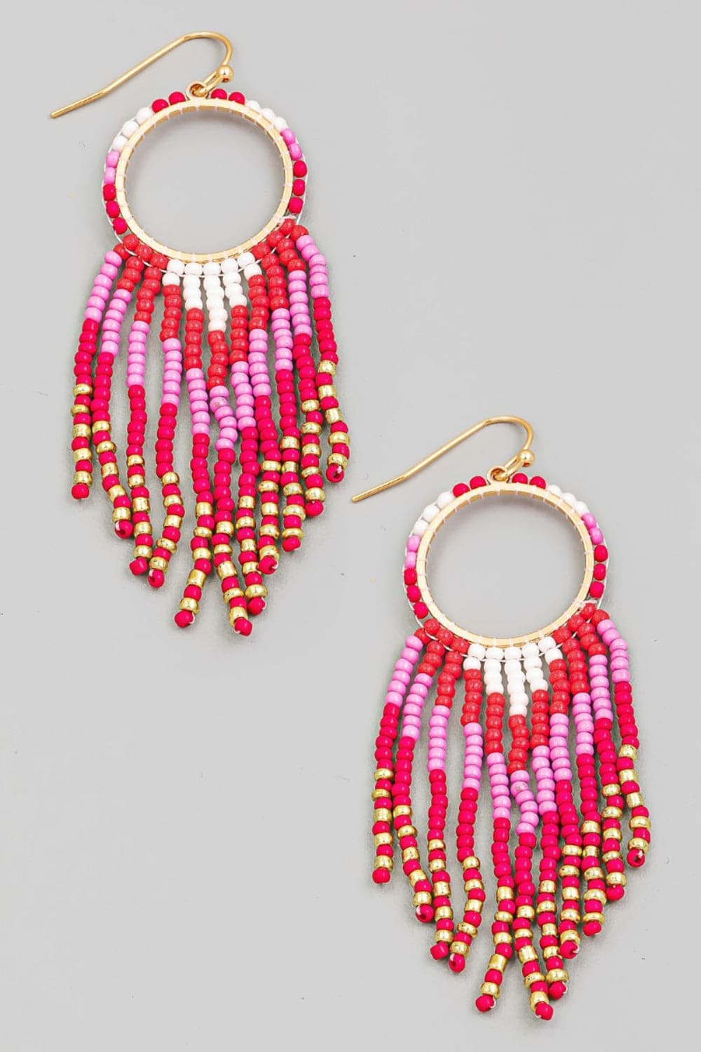 Bohemian circle cutout seed bead fringe earrings