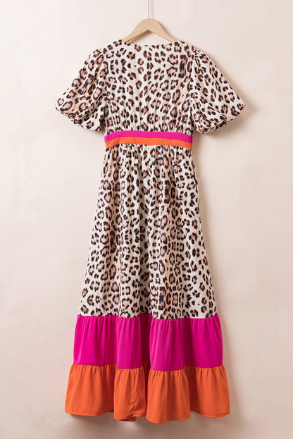 Full Size Leopard V-Neck Half Sleeve Maxi Dress.