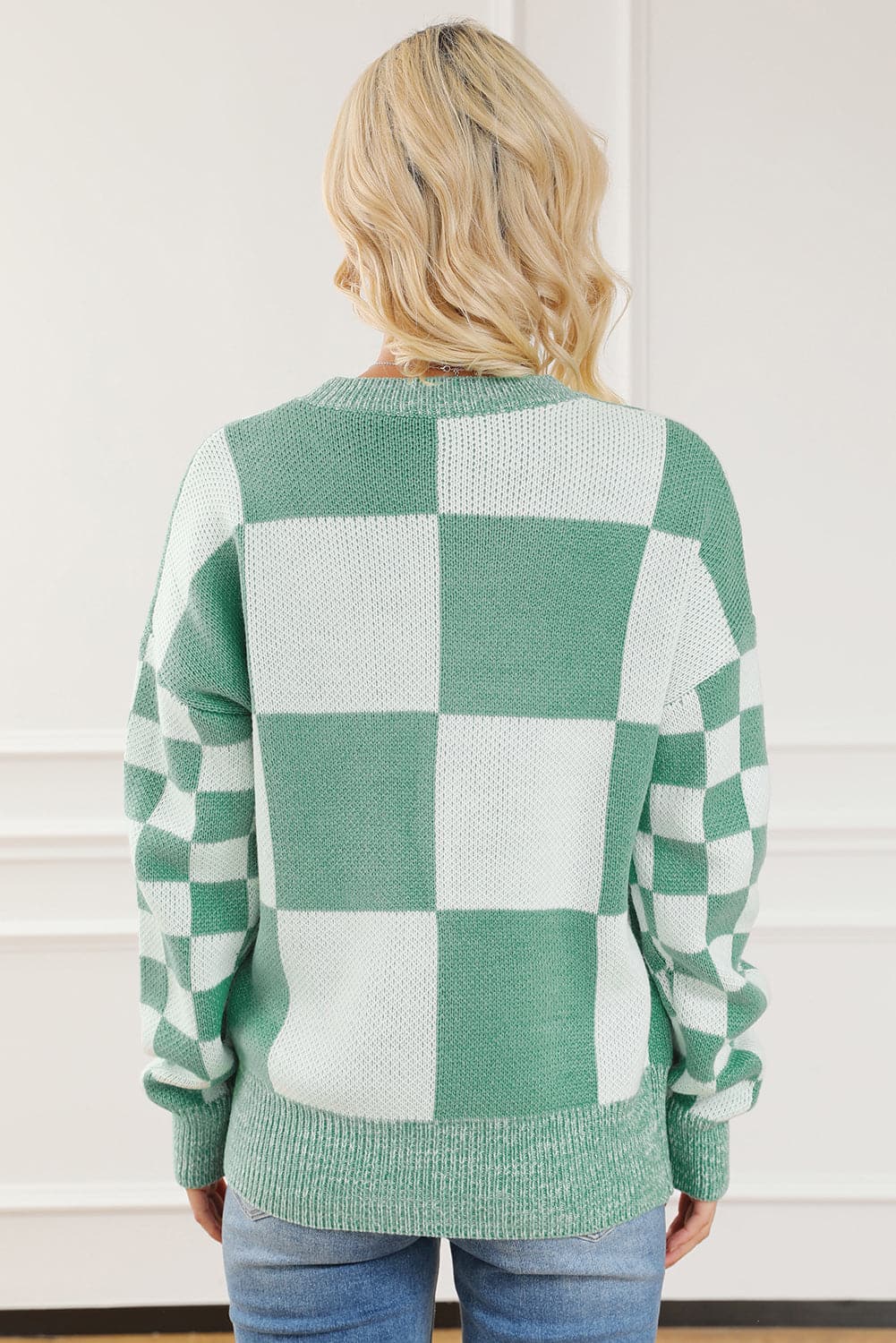 Checkered Drop Shoulder Long Sleeve Sweater.