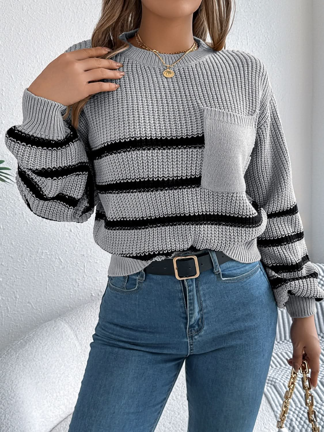 Striped Round Neck Long Sleeve Sweater