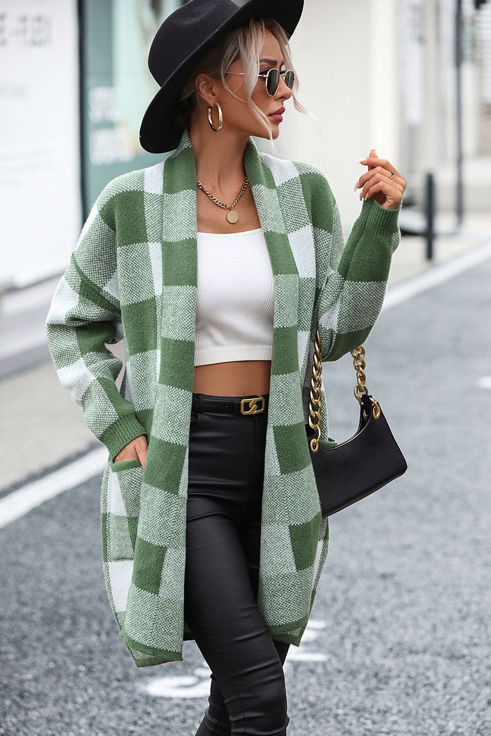 Plaid Dropped Shoulder Cardigan with Pocket.