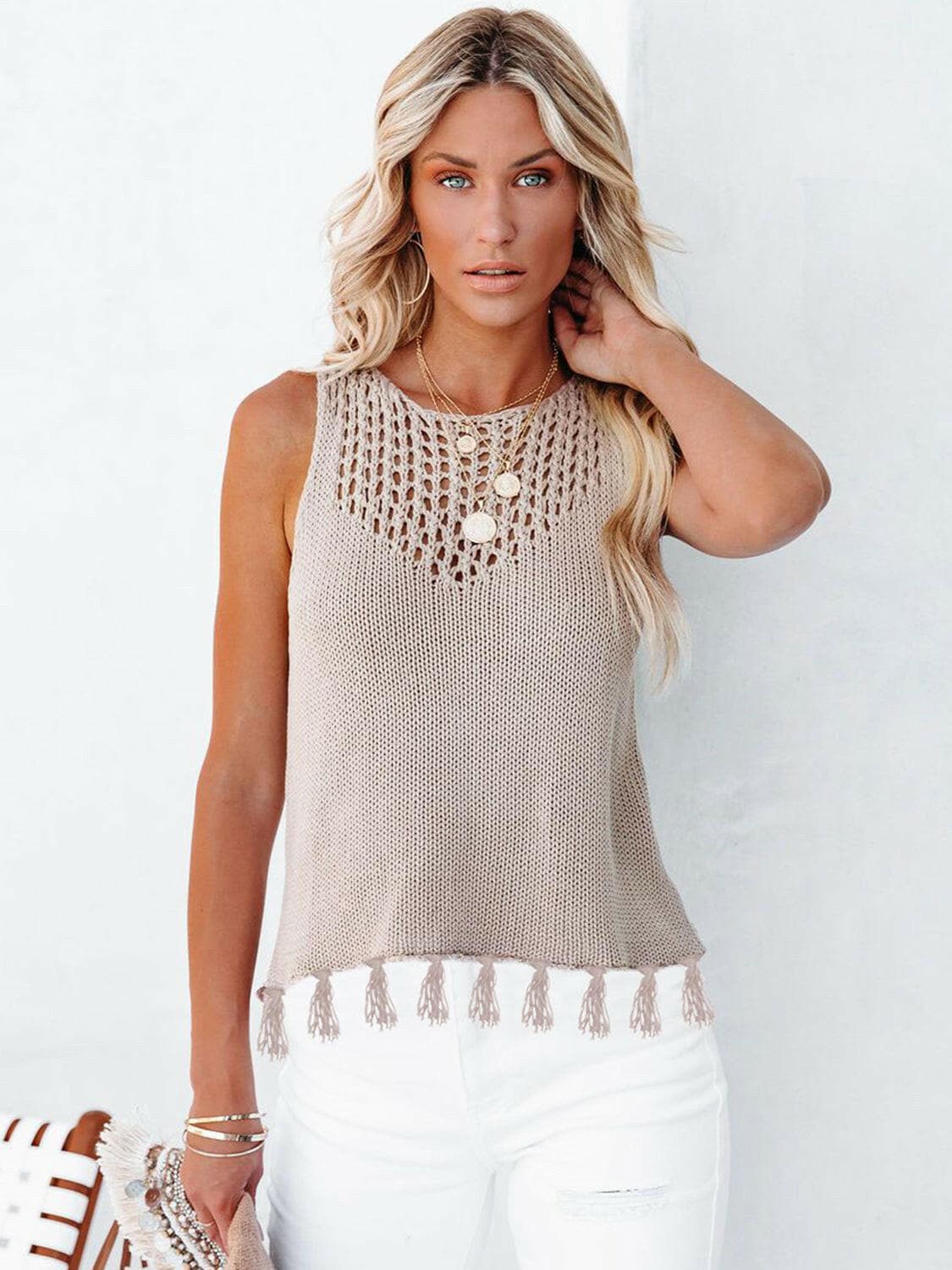 Cutout Tassel Round Neck Tank.