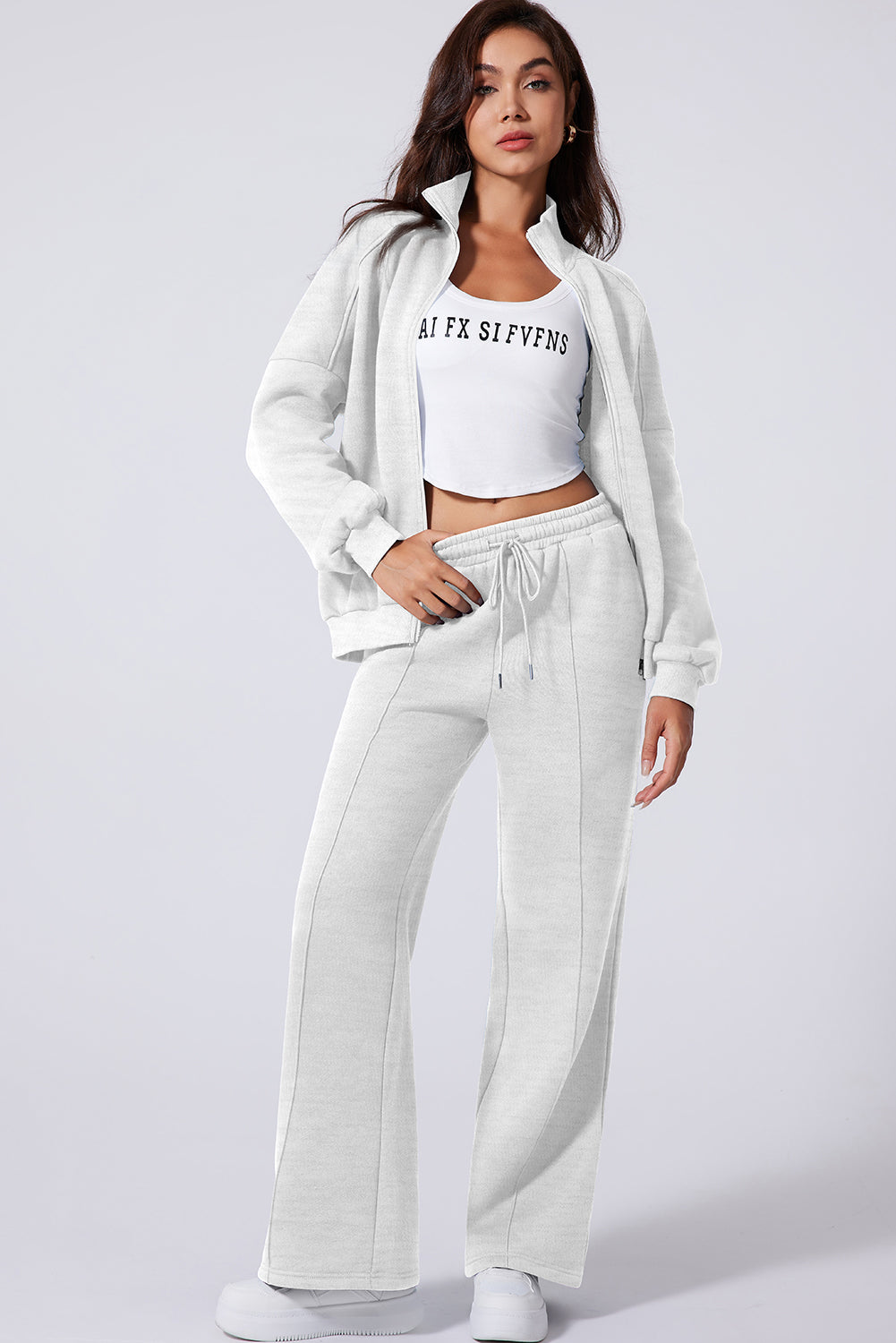 Light Grey Drop Shoulder Zip Jacket Drawstring Pants Set