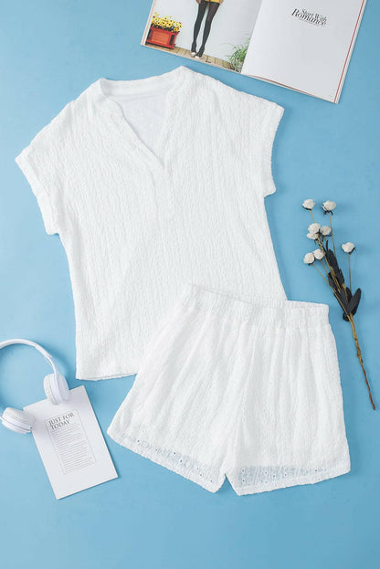 Notched Short Sleeve Top and Shorts Set.