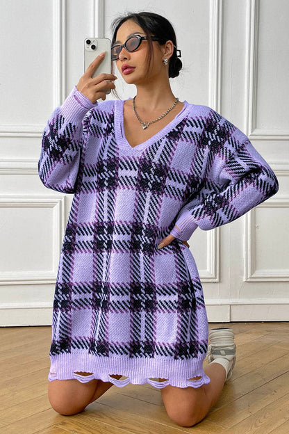 Plaid V-Neck Long Sleeve Sweater Dress.