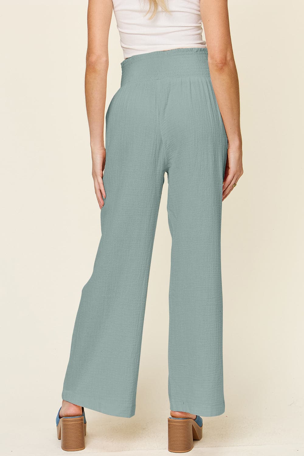 Double Take Full Size Texture Smocked Waist Wide Leg Pants.