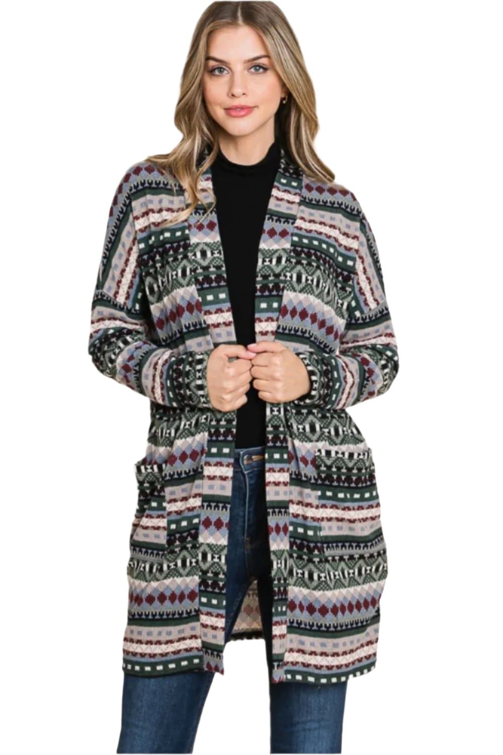 Chic geometric open front cardigan with pockets and long sleeves