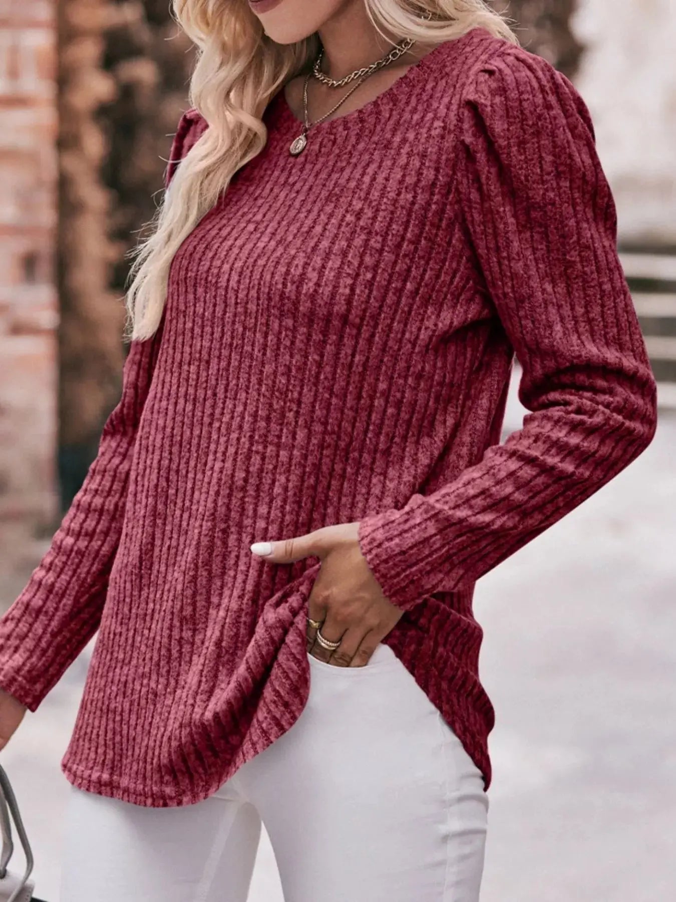 Ribbed Knit Puff Sleeve T-Shirt Simply Love