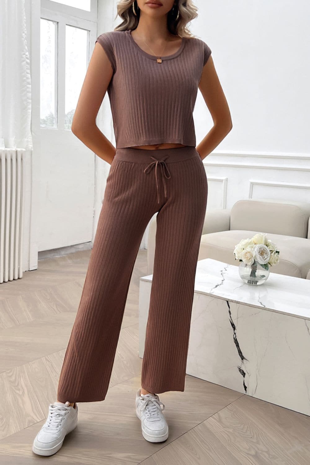 Ribbed Round Neck Top and Pants Set.