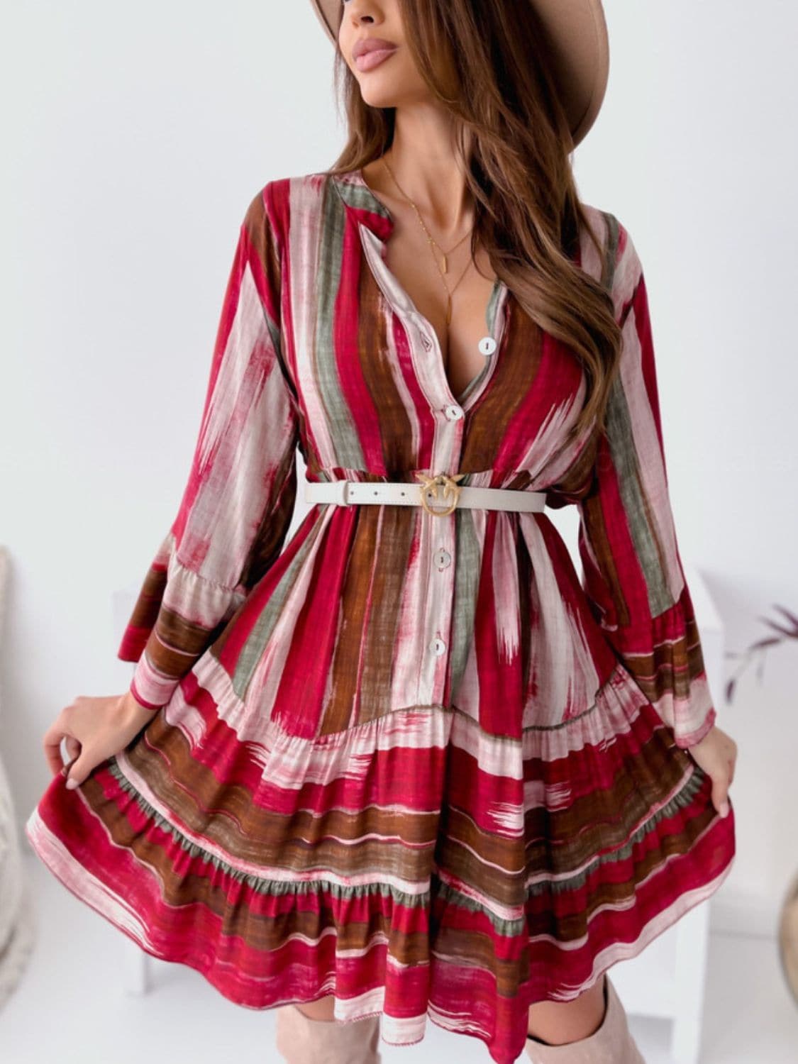 Chic button-up striped mini dress with long sleeves