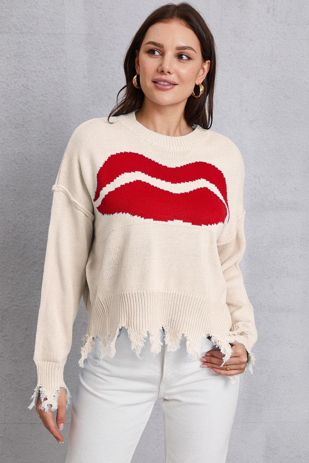 Lip Fringe Round Neck Sweater.