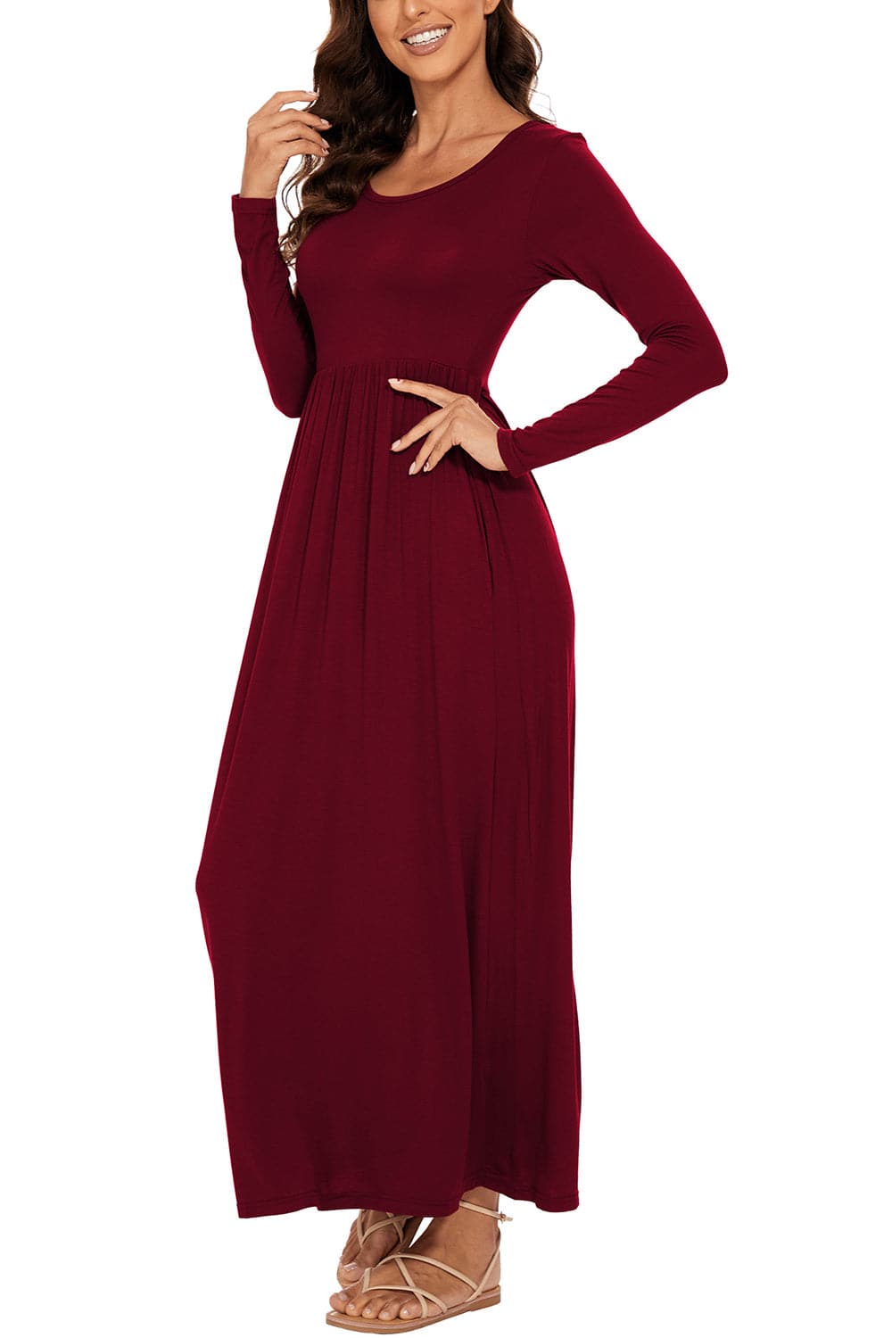 Round Neck Long Sleeve Pocketed Maxi Dress.