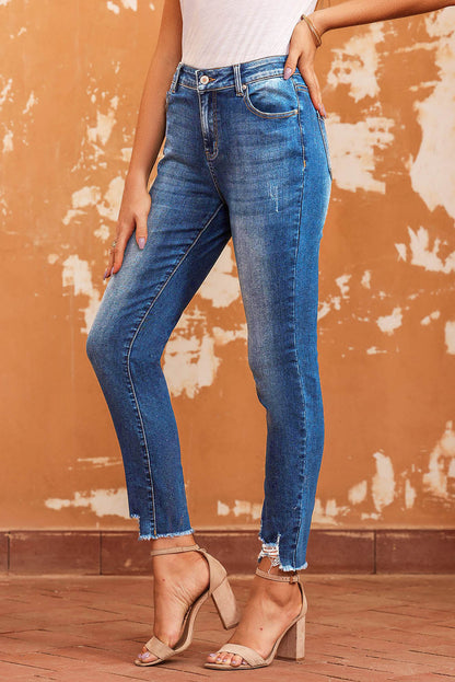 Chic blue ankle-length skinny jeans with raw hem detail