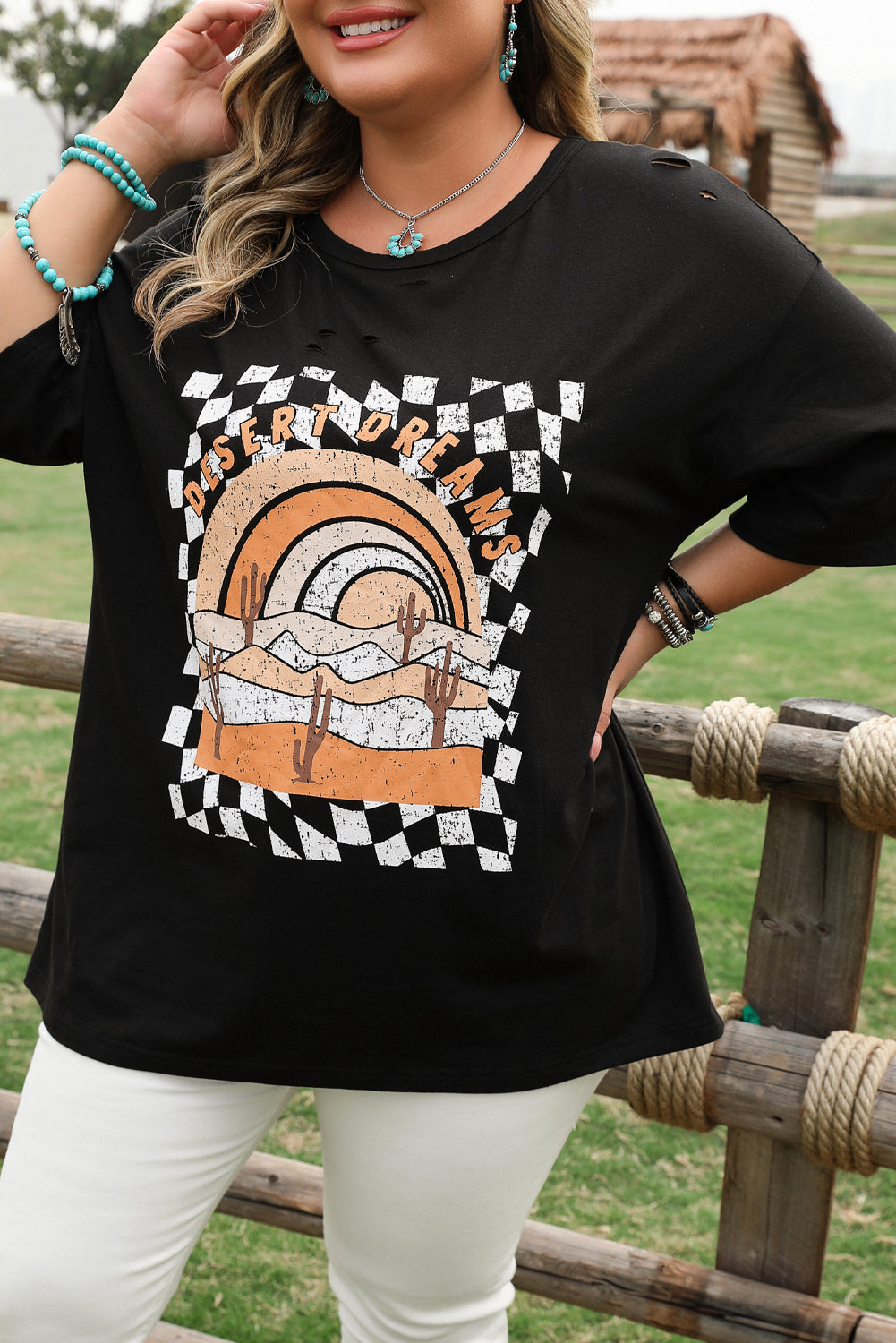 Black Checkered DESERT DREAMS Plus Size Ripped Tee