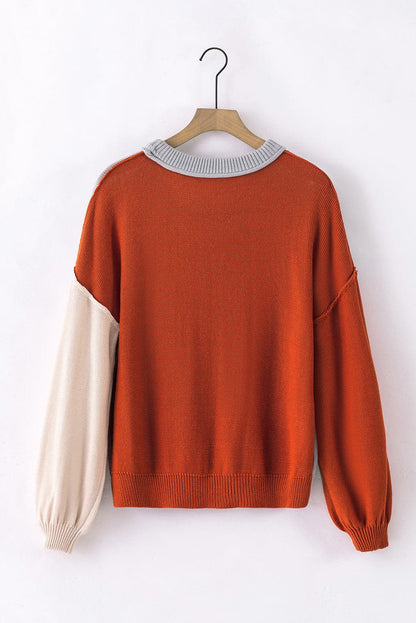 Contrast Round Neck Dropped Shoulder Sweater.