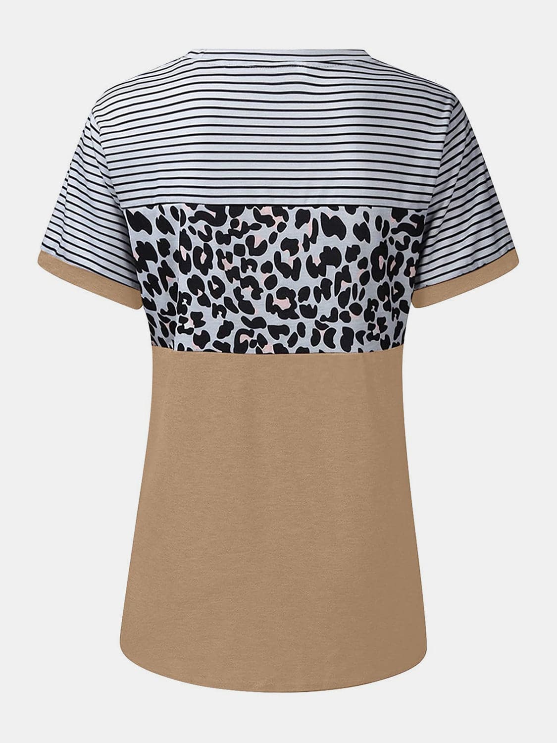 Full Size Striped Leopard Round Neck Short Sleeve T-Shirt.