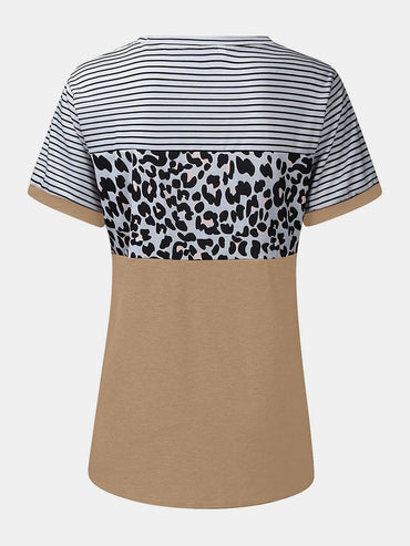 Full Size Striped Leopard Round Neck Short Sleeve T-Shirt.