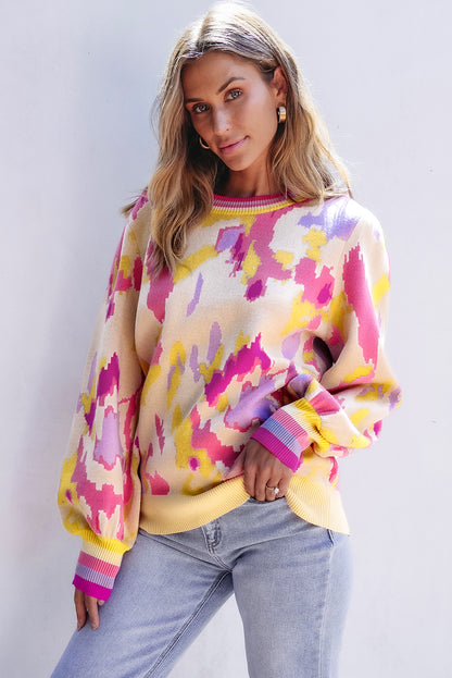 Khaki colorblock balloon sleeve sweater with vibrant abstract print