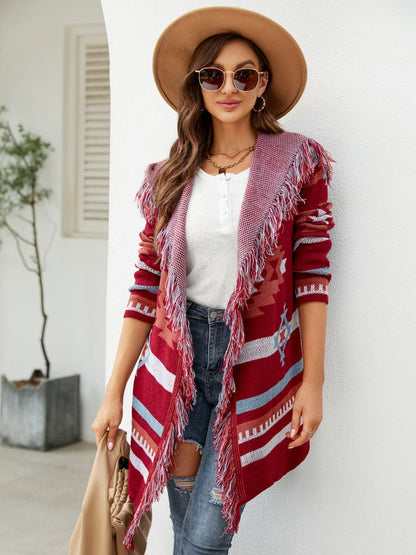 Fringe Geometric Hooded Long Sleeve Cardigan.