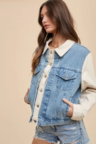 Annie Wear Collared Neck Double Placket Denim Jacket - Love Salve 